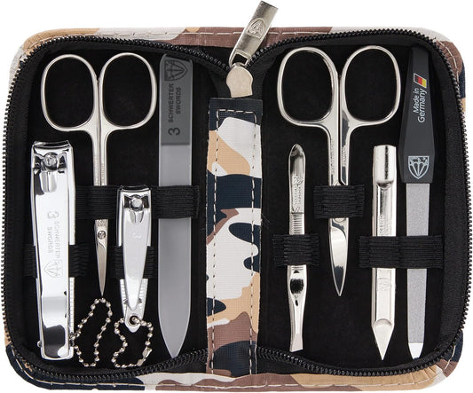 3 Swords Germany - brand quality 8 piece manicure pedicure grooming kit set for professional finger & toe nail care scissors clipper fashion leather case camou in gift box, Made in Germany