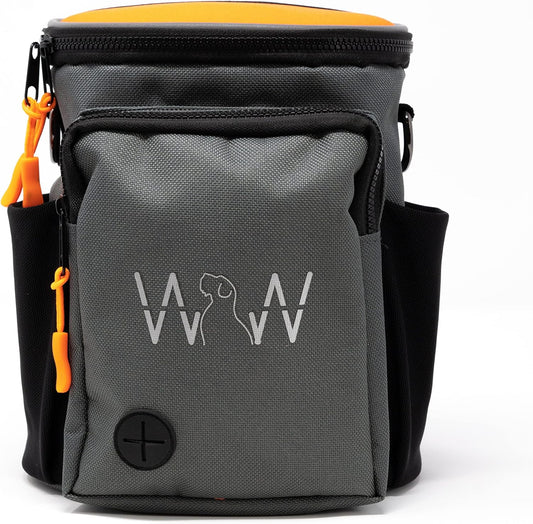 Wolf in Winter Multipurpose Dog Treat Pouch with Neoprene Split Top Dog Training Treat Pouch Bag with Shoulder Strap, Belt and Clip, Exterior Storage Pocket (Orange) - PuriLite