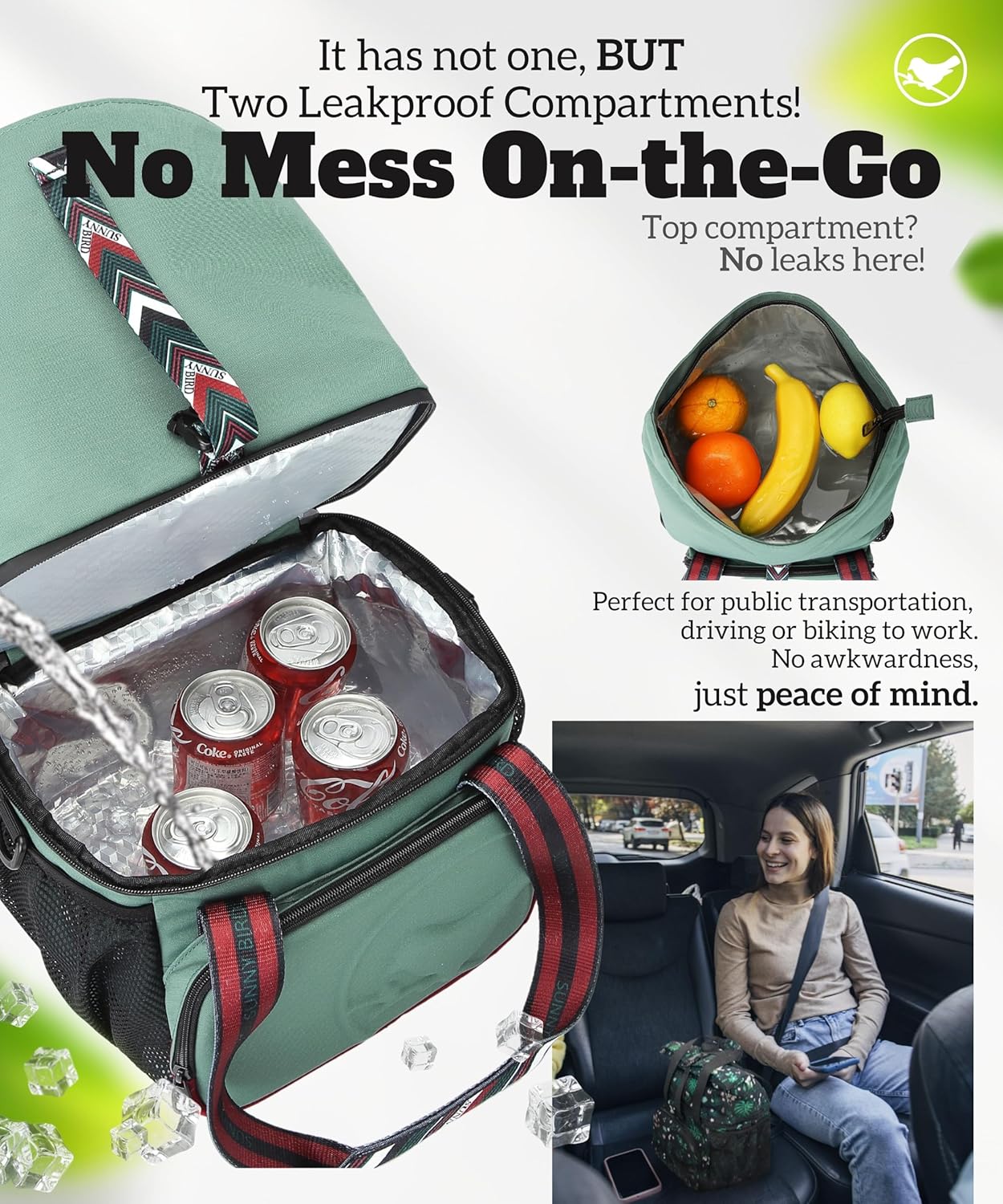 SUNNY BIRD Dual Compartment Lunch Bag Insulated Lunch Box for Women and Men (Green with Boho Strap)