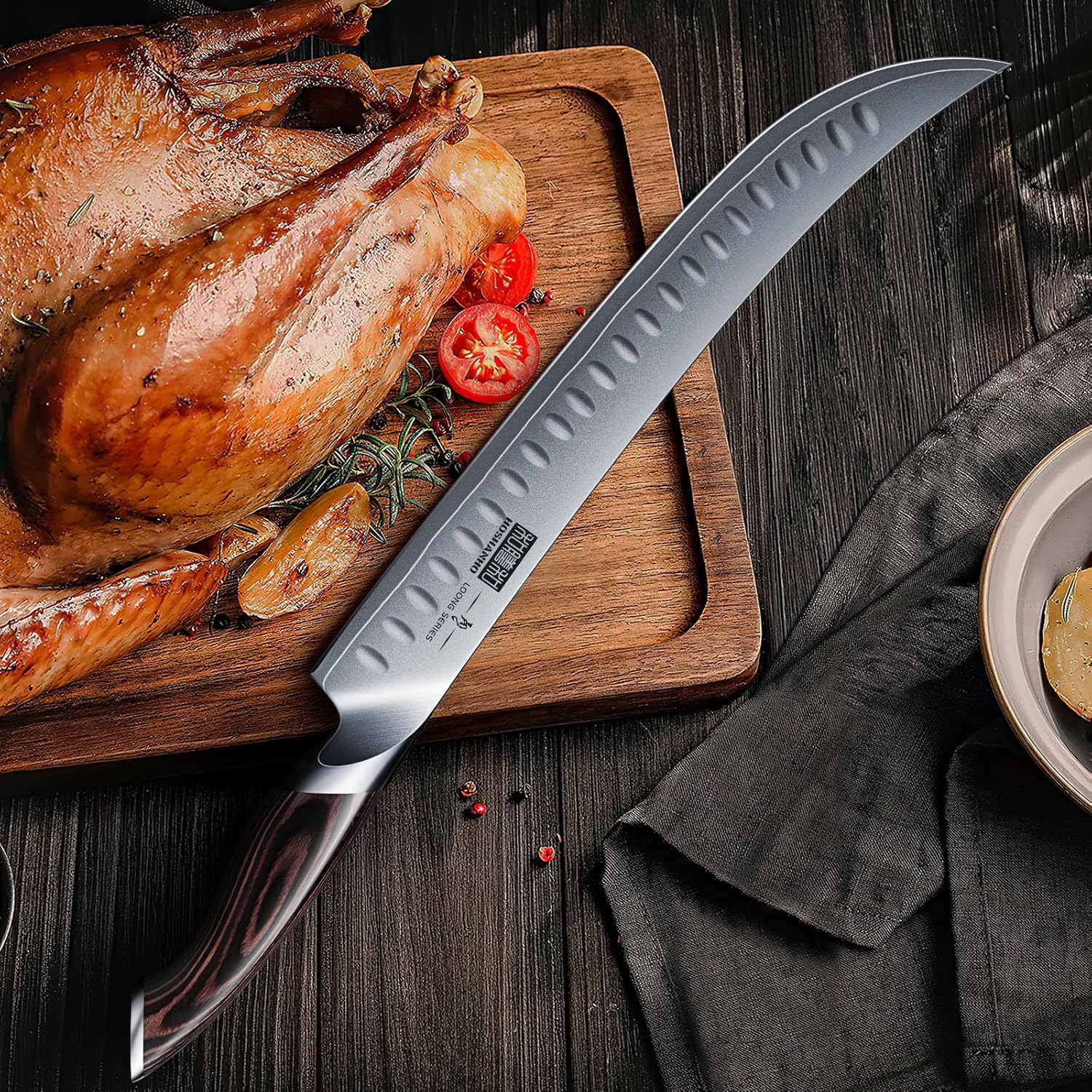 HOSHANHO 12-Inch Japanese High Carbon Steel Carving Knife – Razor Sharp Brisket and Meat Slicing Knife with Ergonomic Pakkawood Handle, Professional Butcher Knife for Meat, Poultry, and Roasts - PuriLite
