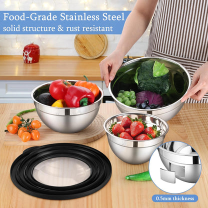 LIANYU Mixing Bowls Sets of 3, Stainless Steel Metal Nesting Mixing Bowl Sets for Kitchen, Large and Small Size 4.6 & 2.6 & 1.5QT, Include Transparent & Airtight Lids, Dishwasher & Freezer Safe, Black