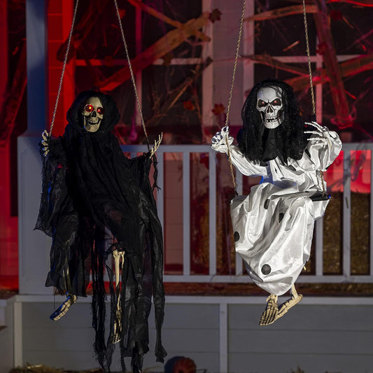 JOYIN Outdoor Halloween Decorations 2 Packs Hanging Ghosts Decor with Lighted Up Eyes, 3ft Scary Grim Reaper Swinging Skeleton Flying for Yard Patio Lawn Garden