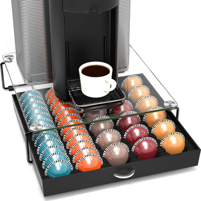 DecoBrothers Vertuo Pod Holder VertuoLine Drawer Storage for Nespresso Coffee Capsules, Crystal Tempered Glass, White