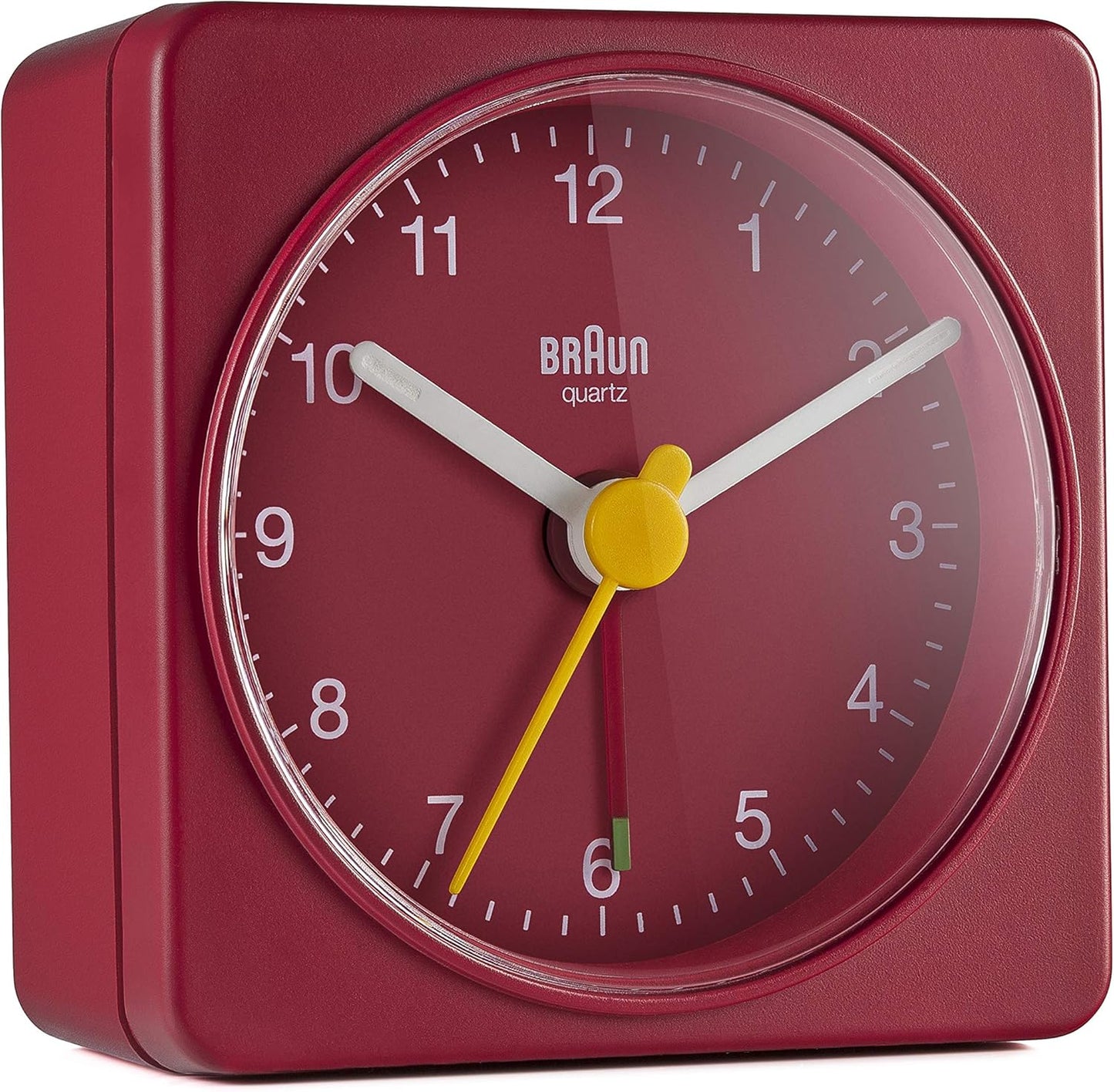 Braun Classic Travel Analogue Alarm Clock, Compact Size, Quiet Quartz Movement, Crescendo Beep Alarm in Red, Model BC02R.