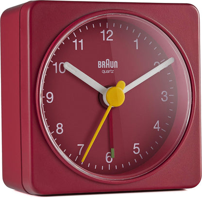 Braun Classic Travel Analogue Alarm Clock, Compact Size, Quiet Quartz Movement, Crescendo Beep Alarm in Red, Model BC02R.