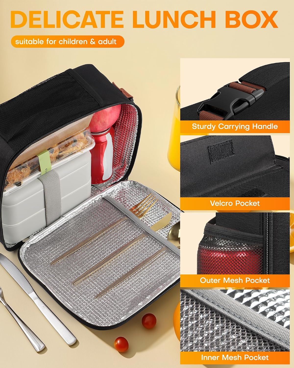 HOTOR Insulated Lunch Bag for Women Men Cooler Lunch Box, Black