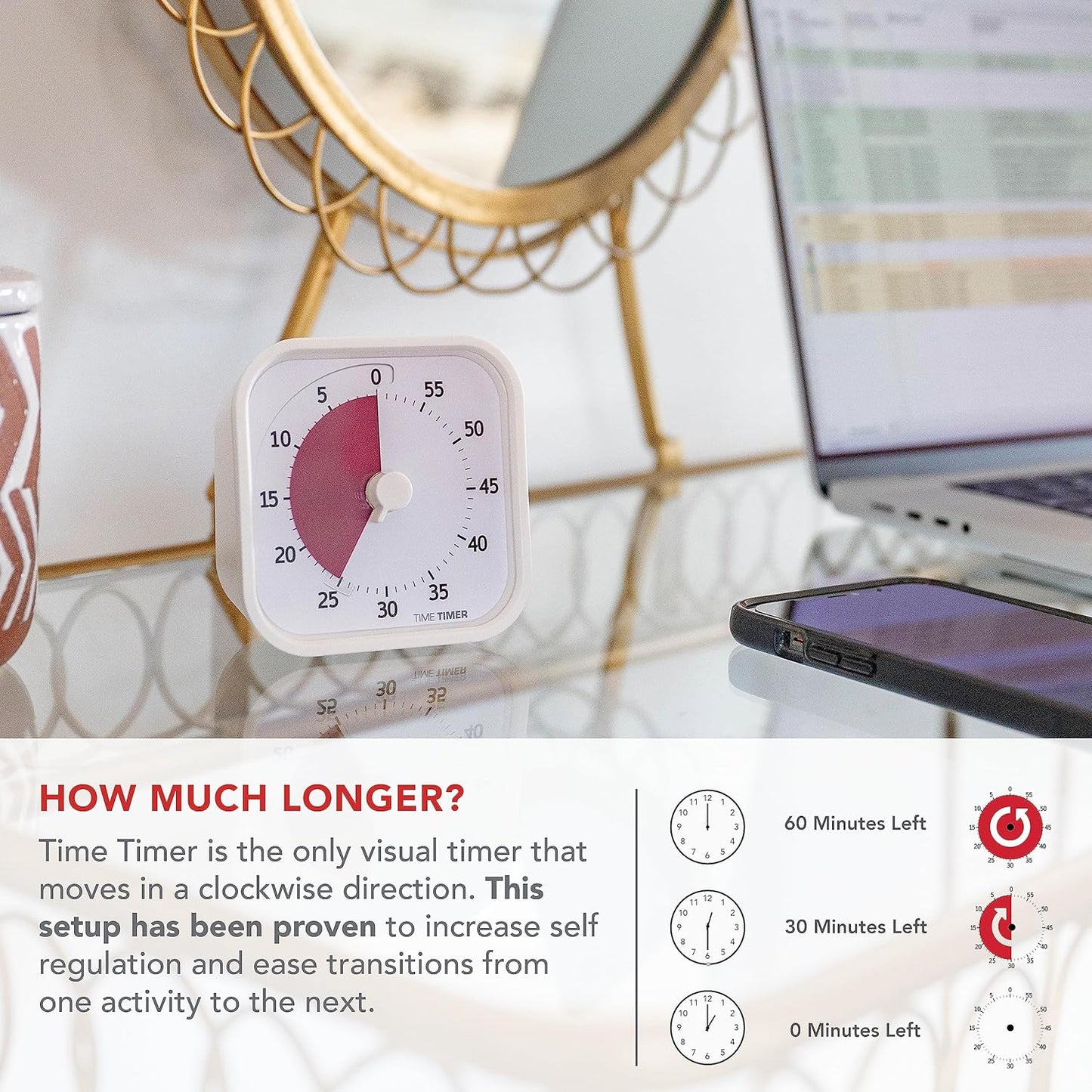 TIME TIMER Time Timer MOD - 60-Minute Visual Timer Home Edition, for Home Schooling, School Desk, Office Desk and Meetings, White