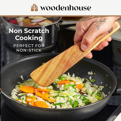 Wooden Spatula for Cooking, Kitchen Spatula Set of 4, Natural Teak Kitchen Utensils Including Paddle, Turner, Slotted Spurtle and Wood Scraper - Nonstick cookware