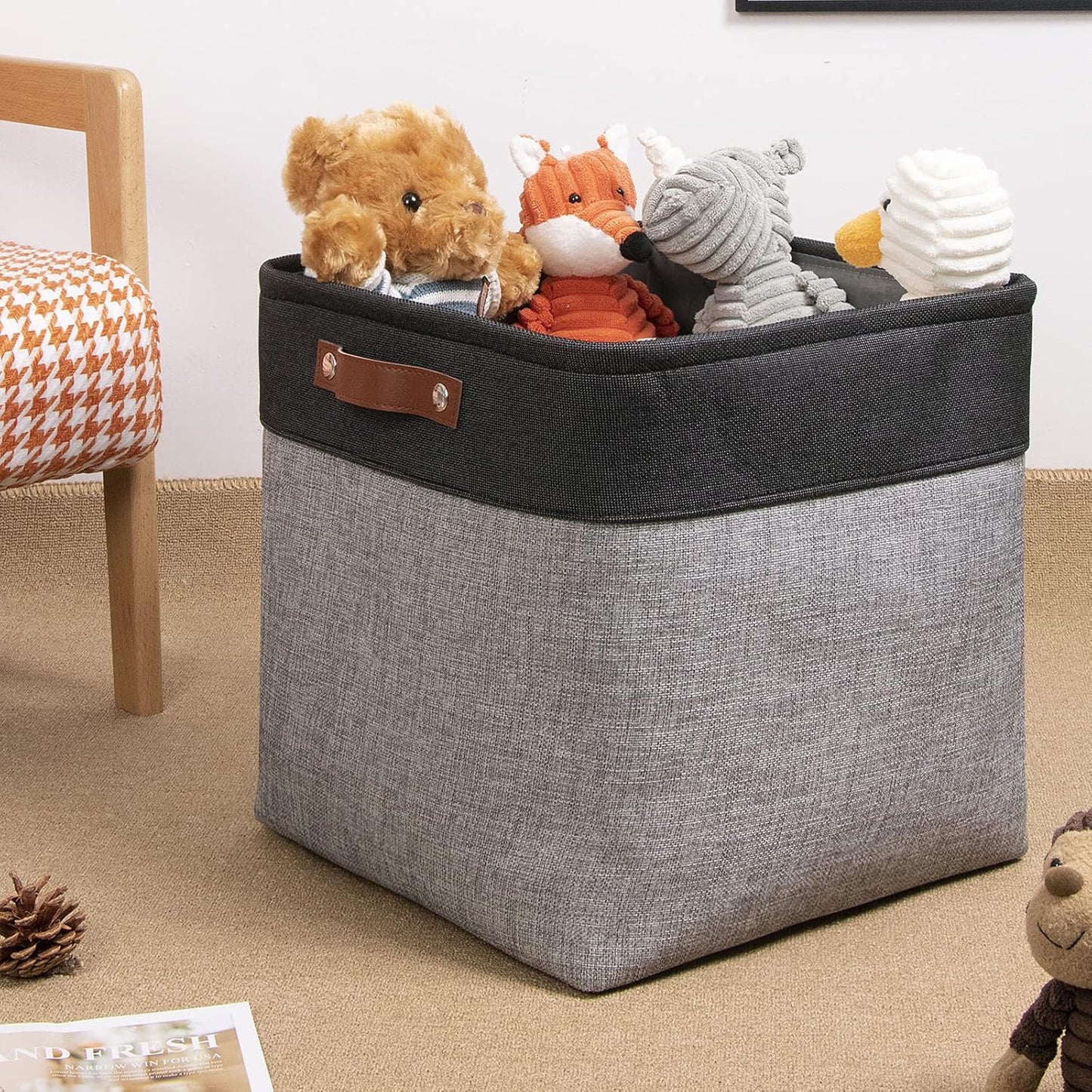 DULLEMELO Storage Baskets for Shelves, Fabric Collapsible Rectangular Storage Bins for Shelves, Closets, Nursery, Home, Office, Empty Gift Baskets (White&Teal)