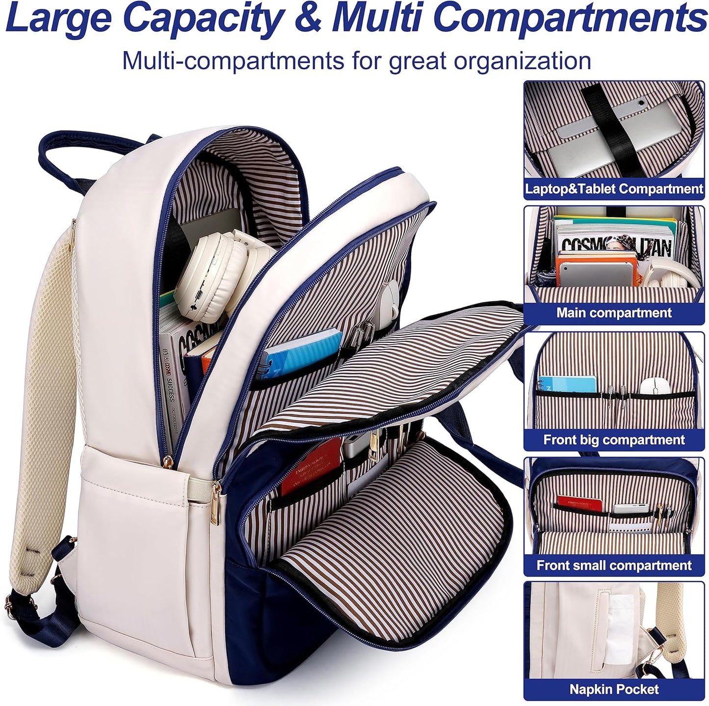 Laptop Backpack for Women Men, Water Resistant Travel Work Backpacks Purse Stylish College Business Teacher Nurse Computer Bag, Fits 17.3" Laptop Light Blue