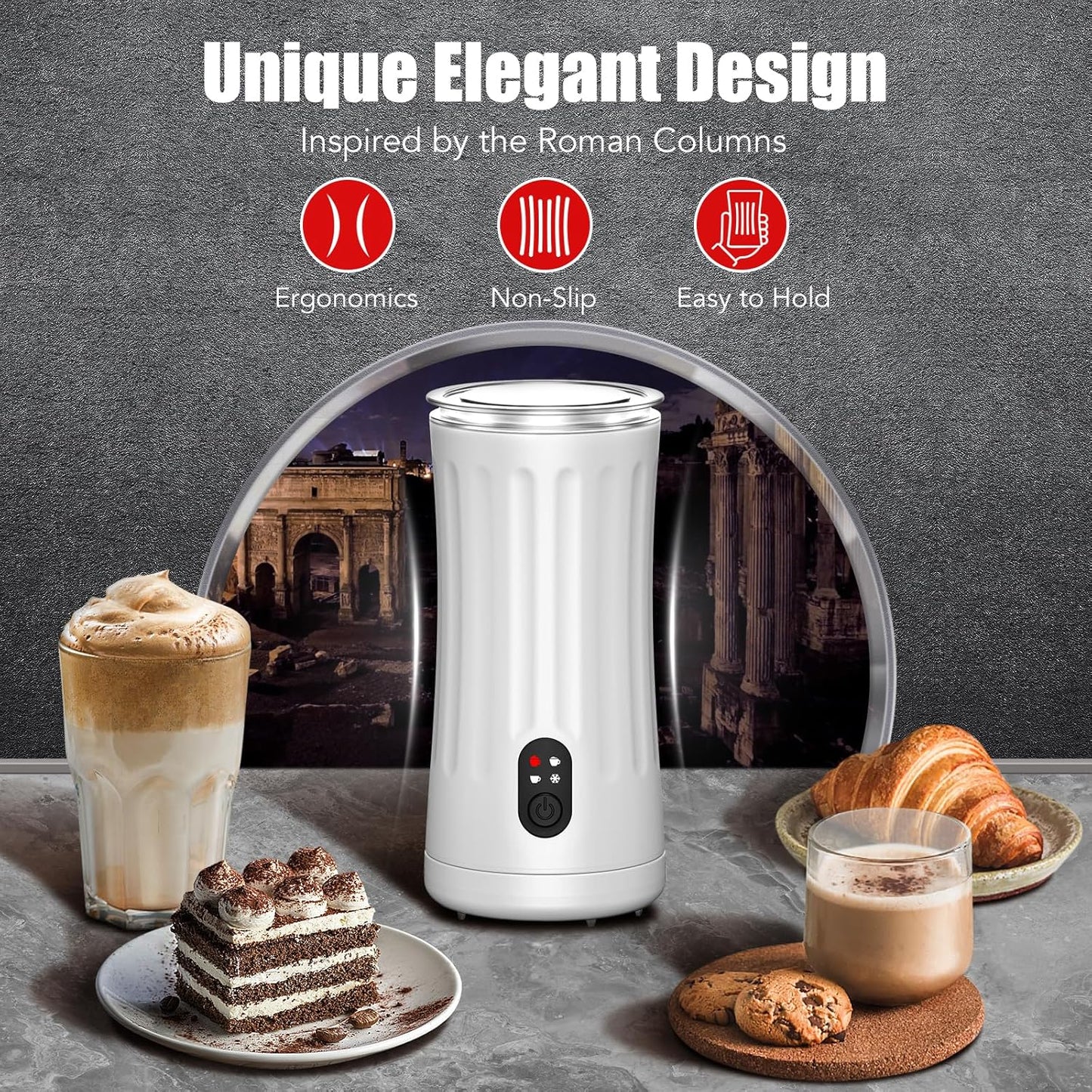 Milk Frother, Ovetedot 4-in-1 Milk Steamer and Frother Upgraded, Automatic Hot and Cold Foam Maker and Milk Frother Electric, Coffee Frother for Latte, Cappuccino, Macchiato(White)