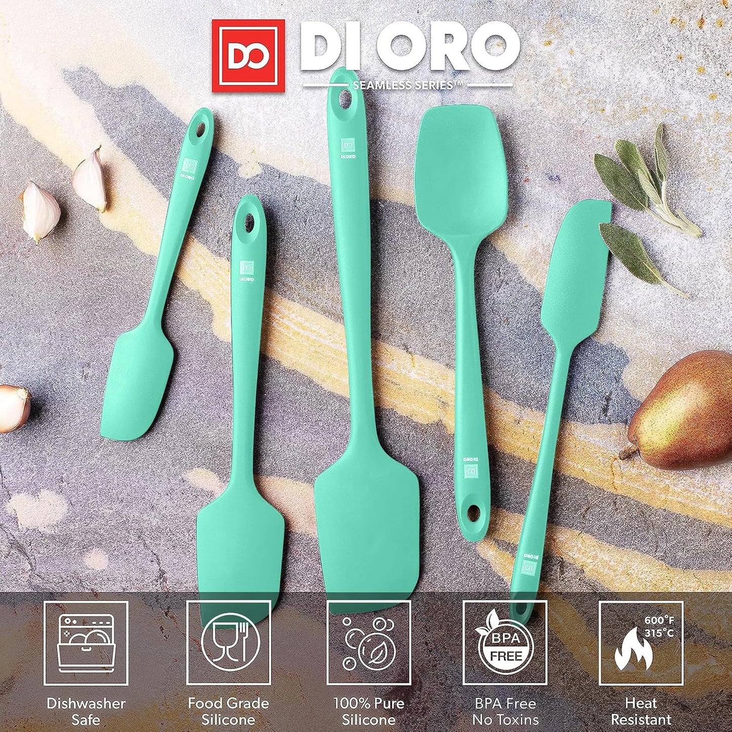 DI ORO Silicone Spatula Set - Rubber Kitchen Spatulas for Baking, Cooking, & Mixing - 600°F Heat-Resistant & BPA Free Silicone Scraper Spatulas for Nonstick Cookware - Dishwasher Safe (5pc, Black)