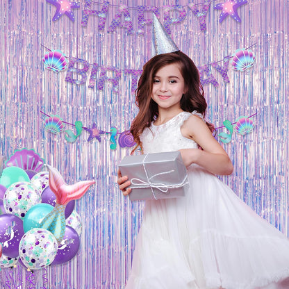 GREATRIL Iridescent Party Tinsel Fringe Backdrop Decorations - Holographic Foil Streamers Curtain for Mermaid/Under The Sea/Frozen/Ocean/Disco/Birthday Themed 3.2ft x 6.5ft - 2 PCS