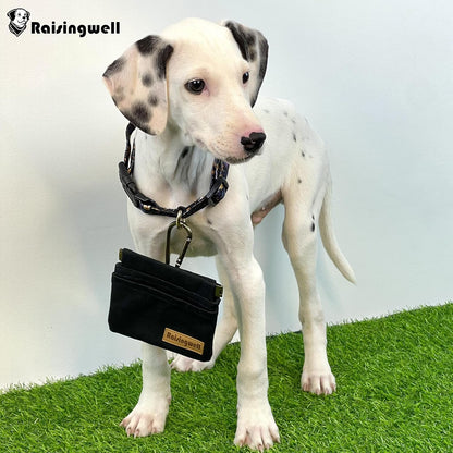 Raisingwell Dog Treat Pouch, Black Pocket Sized Pet Training Pouch, Cotton Fabric, Hand Free Dog Walking Bag with Carabiner, Self-Closing Pet Feed Snack Reward, for Pet Puppy Travel or Outdoor Use