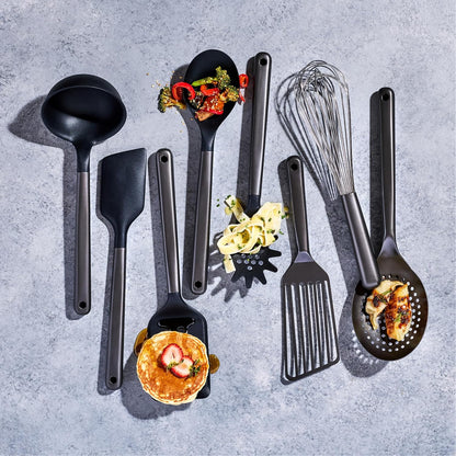 HexClad 9-Piece Kitchen Utensil Set, 9 Stainless Steel & Silicone Tools with a Fingerprint-Resistant Metallic Finish, Heat-Resistant to 450°F, Dishwasher-Safe, Includes Non-Slip Ceramic Crock Holder