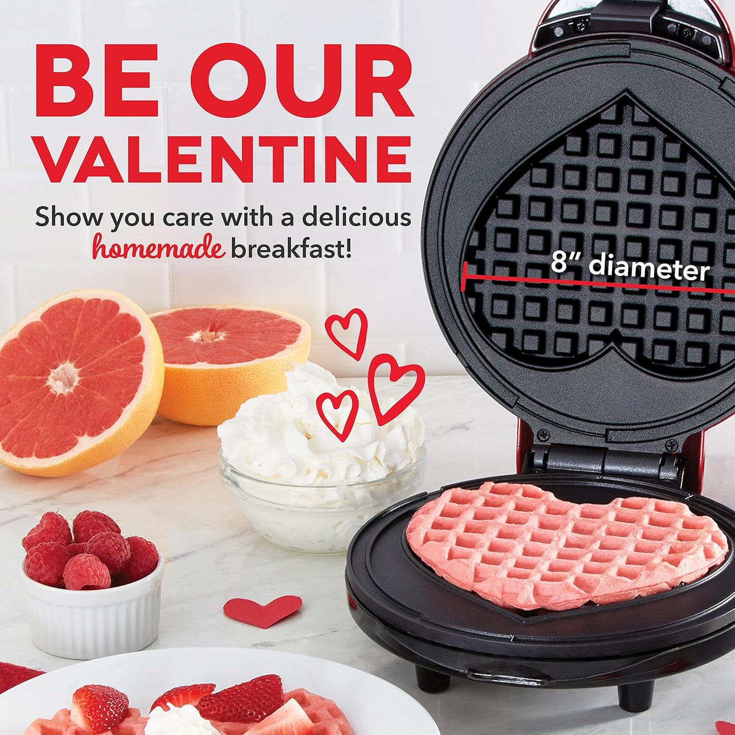 Dash Express 8” Waffle Maker for Waffles, Paninis, Hash Browns + other Breakfast, Lunch, or Snacks, with Easy Clean, Dual Non-Stick Surfaces - Red Heart