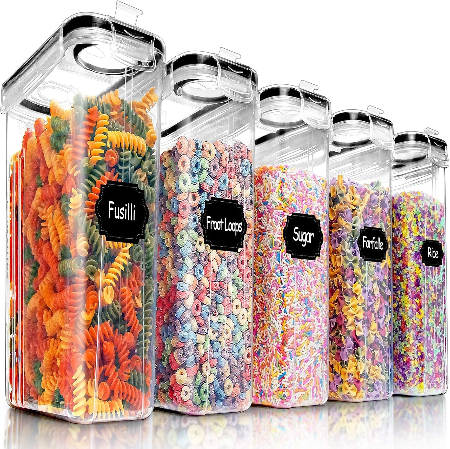 PRAKI 5PCS Cereal Containers Storage Set, BPA-Free Airtight Food Storage Container Set with Lids, Kitchen Pantry Organization & Storage, Perfect for Sugar, Baking Supplies - 20 Lables & Mark(4L Black)