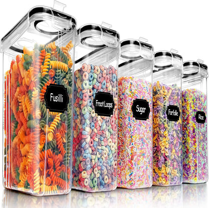 PRAKI 5PCS Cereal Containers Storage Set, BPA-Free Airtight Food Storage Container Set with Lids, Kitchen Pantry Organization & Storage, Perfect for Sugar, Baking Supplies - 20 Lables & Mark(4L Black)