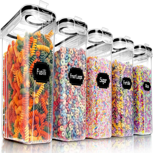 PRAKI 5PCS Cereal Containers Storage Set, BPA-Free Airtight Food Storage Container Set with Lids, Kitchen Pantry Organization & Storage, Perfect for Sugar, Baking Supplies - 20 Lables & Mark(4L Black)