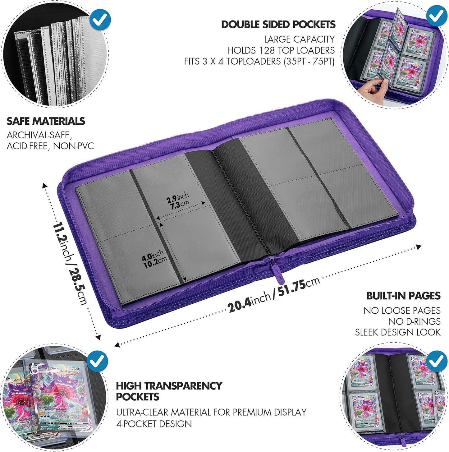 FunGuys Toploader Binder, Trading Card Binder Storage,128 4 Pocket Top Loader Pokemon Binder, Card Collection Yugioh Cards, MTG, TCG, Folders for Trading Cards