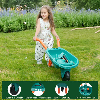 TINYLENS Kids Wheelbarrow with Garden Tool Set, Outdoor Toys Gardening Set for Toddlers 3+, Watering Can, Gloves, Hand Hoe, Washable Apron, Shovel and Fork, Gift for Boys Girls (Green)