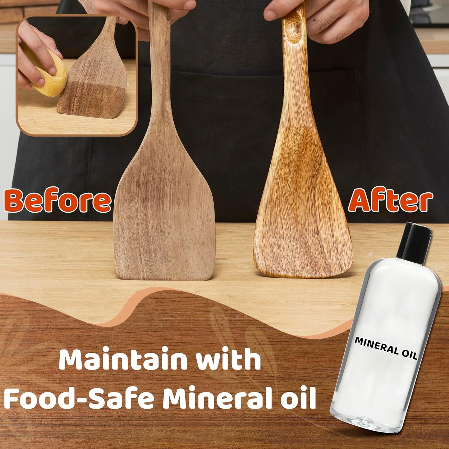 Edergoo Wood Cooking Utensils Set, 5 PCS Wooden Spoons for Cooking Includes Stainless/Wood Kitchen Tongs, Natural Non-Stick Wooden Utensil Set with Innovative Finger Groove & Non-Slip Notch Design