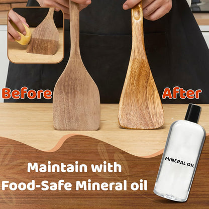 Edergoo Wood Cooking Utensils Set, 5 PCS Wooden Spoons for Cooking Includes Stainless/Wood Kitchen Tongs, Natural Non-Stick Wooden Utensil Set with Innovative Finger Groove & Non-Slip Notch Design