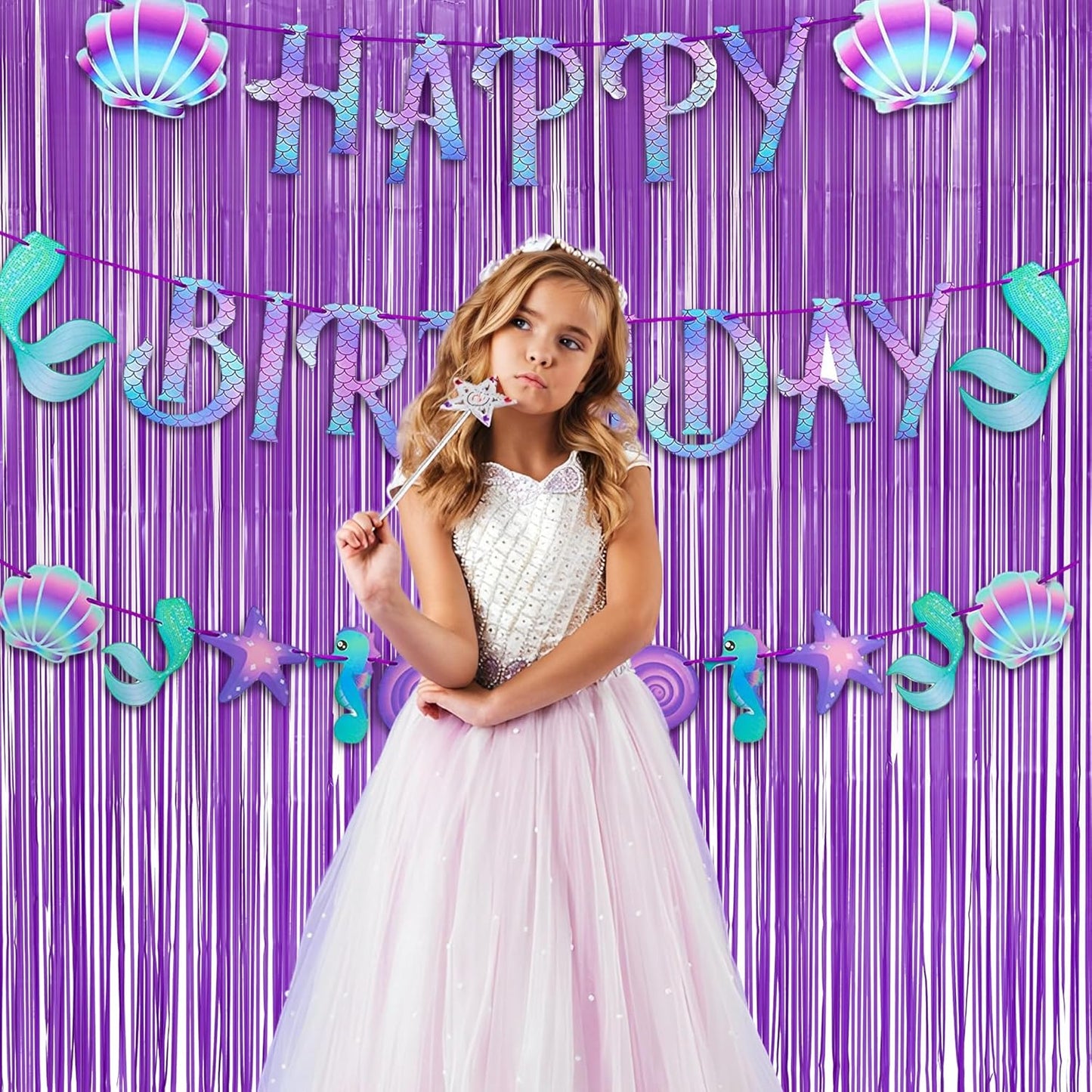GREATRIL Iridescent Party Tinsel Fringe Backdrop Decorations - Holographic Foil Streamers Curtain for Mermaid/Under The Sea/Frozen/Ocean/Disco/Birthday Themed 3.2ft x 6.5ft - 2 PCS