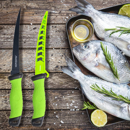 8 Inch Fishing Fillet Knife, Professional Level Knives for Filleting Fish and Boning Meat, Sharp Stainless-Steel Non-Stick Coating Blade, Non-Slip Handles, with 1 Two Stage Knife Sharpener