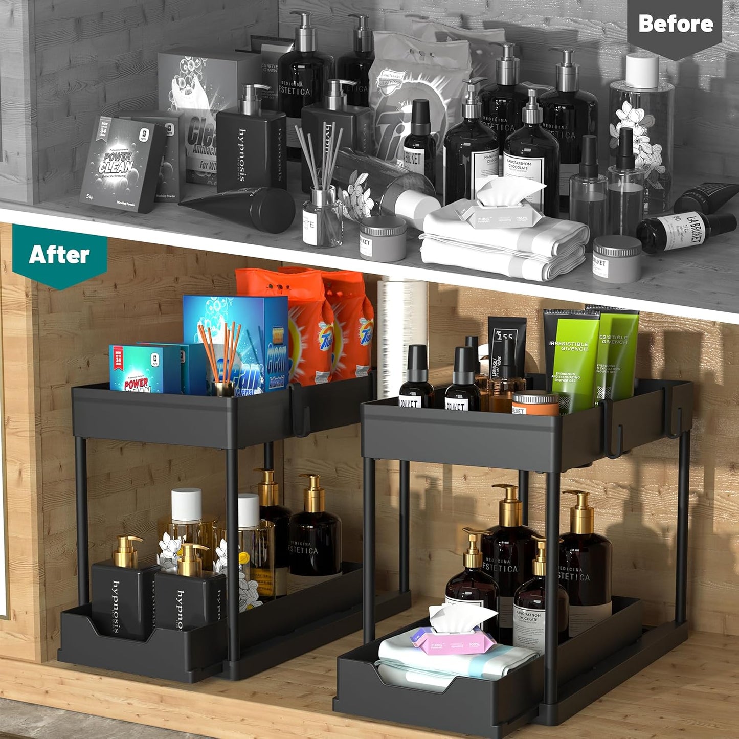 2-PACK Under Sink Organizers and Storage with Sliding Drawer，2-Tier Bathroom Under Sink Shelf Rack,Multi-Functional Cabinet Storage Space Saver For Kitchen/Bathroom/Bedroom/Office.