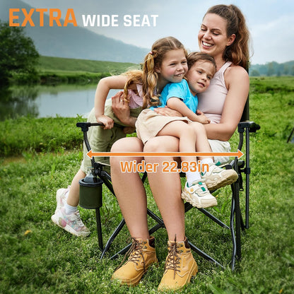 Folding Camping Chairs 2 Pack, Heavy Duty Camping Chairs for Adults Steel Frame Support 400 lbs, Metal Arm Lawn Chairs with Swivel Cup Holder, Hollow Backrest Camp Chair, Outdoor Sports Chairs, Green