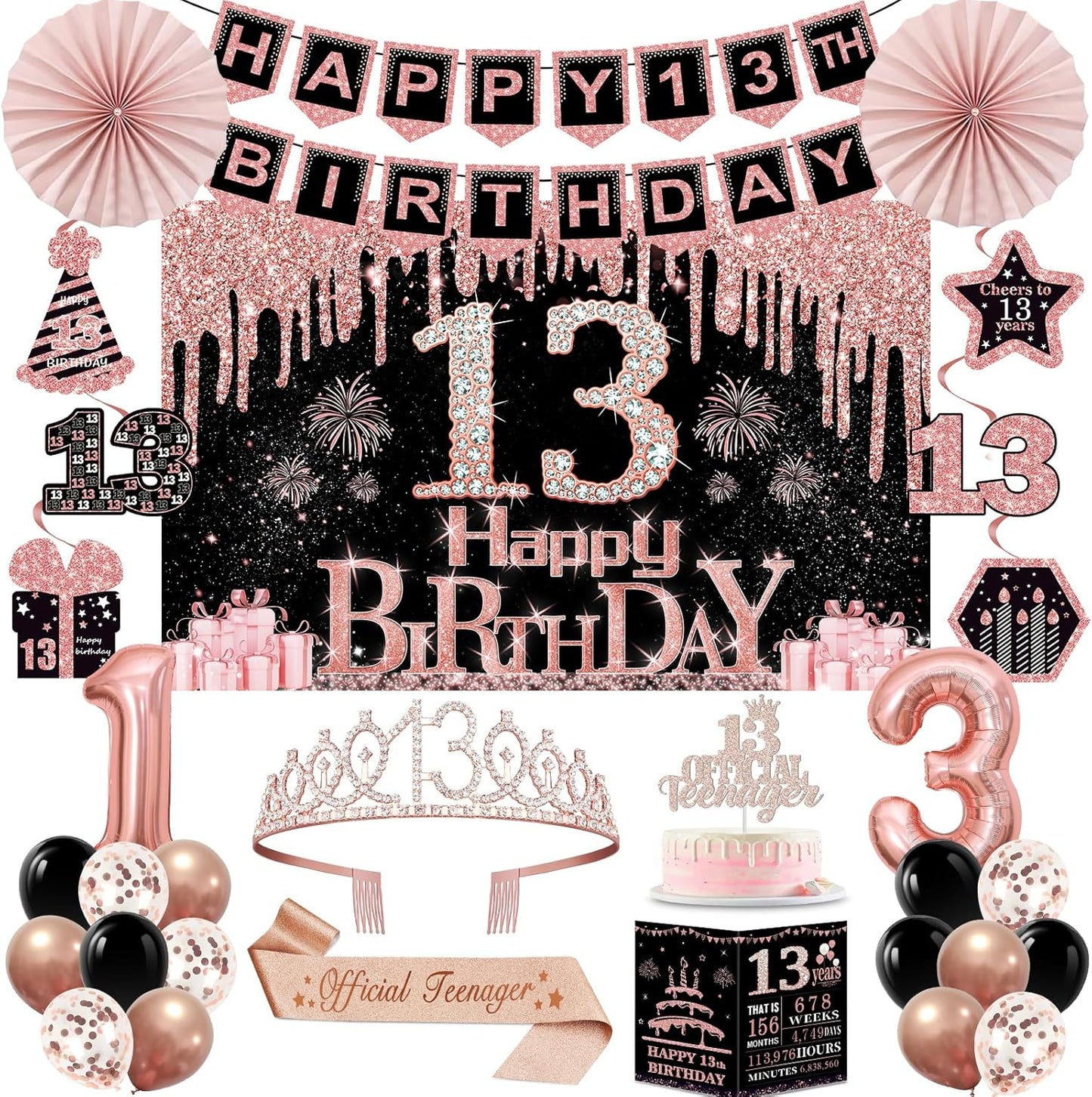 40th Birthday Decorations for Women,32pcs 40th Birthday Party Decorations,Including Backdrop, Crown,Sash,banner, Hanging Swirl,Cake Topper,balloons,Paper Fans,Anniversary Card and paper fans