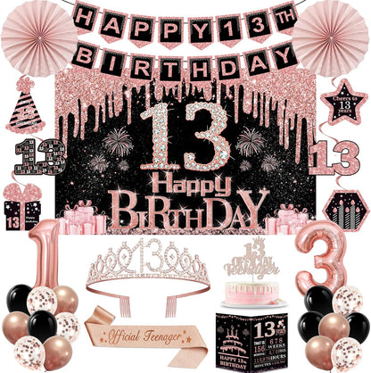 40th Birthday Decorations for Women,32pcs 40th Birthday Party Decorations,Including Backdrop, Crown,Sash,banner, Hanging Swirl,Cake Topper,balloons,Paper Fans,Anniversary Card and paper fans