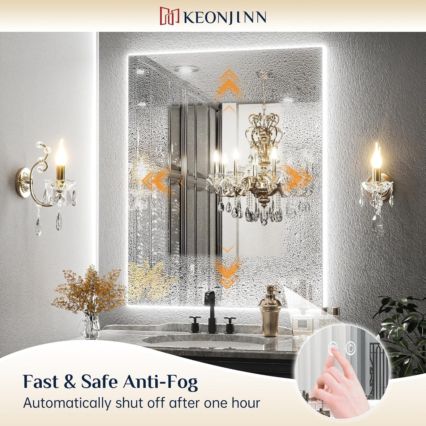 Keonjinn 40 x 32 Inch LED Bathroom Mirror with Acrylic, Backlit Mirror Anti-Fog, Lighted Bathroom Mirror for Wall, CRI90 High Definition Dimmable Large Makeup Mirror(Horizontal/Vertical)