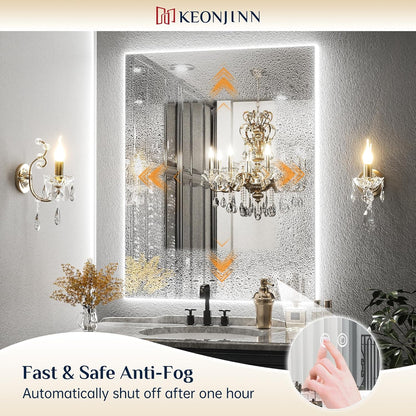 Keonjinn 40 x 32 Inch LED Bathroom Mirror with Acrylic, Backlit Mirror Anti-Fog, Lighted Bathroom Mirror for Wall, CRI90 High Definition Dimmable Large Makeup Mirror(Horizontal/Vertical)
