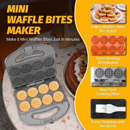 FineMade Mini Waffle Maker Machine, Small Waffle Bites Maker for Kids, Makes 8 x 2” Tiny Waffle Bites, Ideal for Breakfast, Snacks, Desserts and More