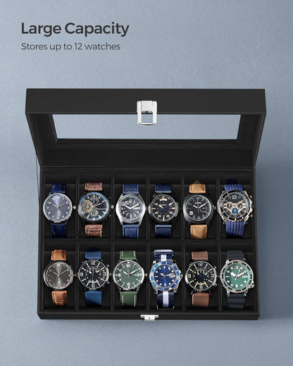 SONGMICS Watch Box, 6-Slot Watch Case, Watch Box Organizer, Black Synthetic Leather, Greenish Gray Lining UJWB06BK