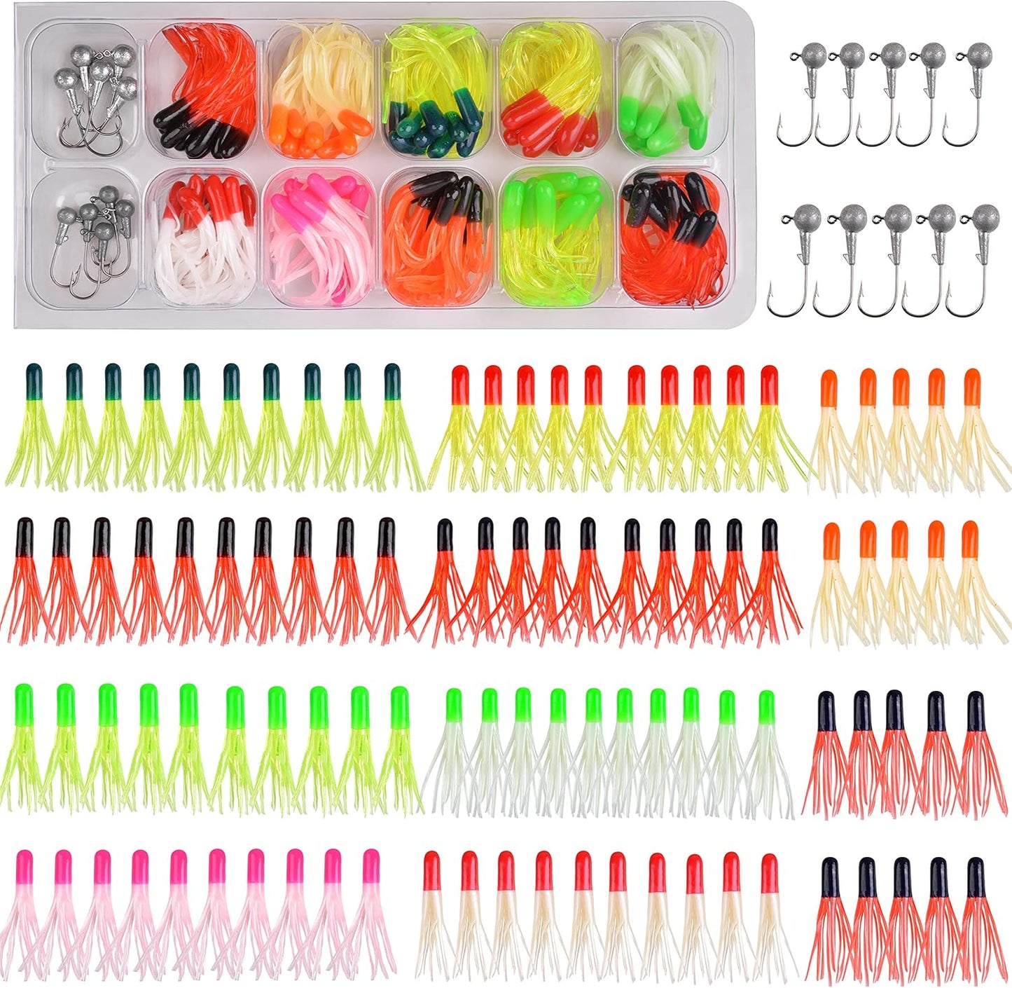 Soft Lures Fishing Jigs Kit, Worm Grub Fishing Lures Jig Head Hooks Kit Grubs Bait Jig Heads Soft Plastic Bait Crappie Jigs Tubes Baits Curved Tail Lure Fishing Lures Kit for Walleye Bass Trout
