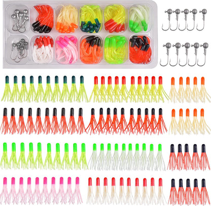 Soft Lures Fishing Jigs Kit, Worm Grub Fishing Lures Jig Head Hooks Kit Grubs Bait Jig Heads Soft Plastic Bait Crappie Jigs Tubes Baits Curved Tail Lure Fishing Lures Kit for Walleye Bass Trout