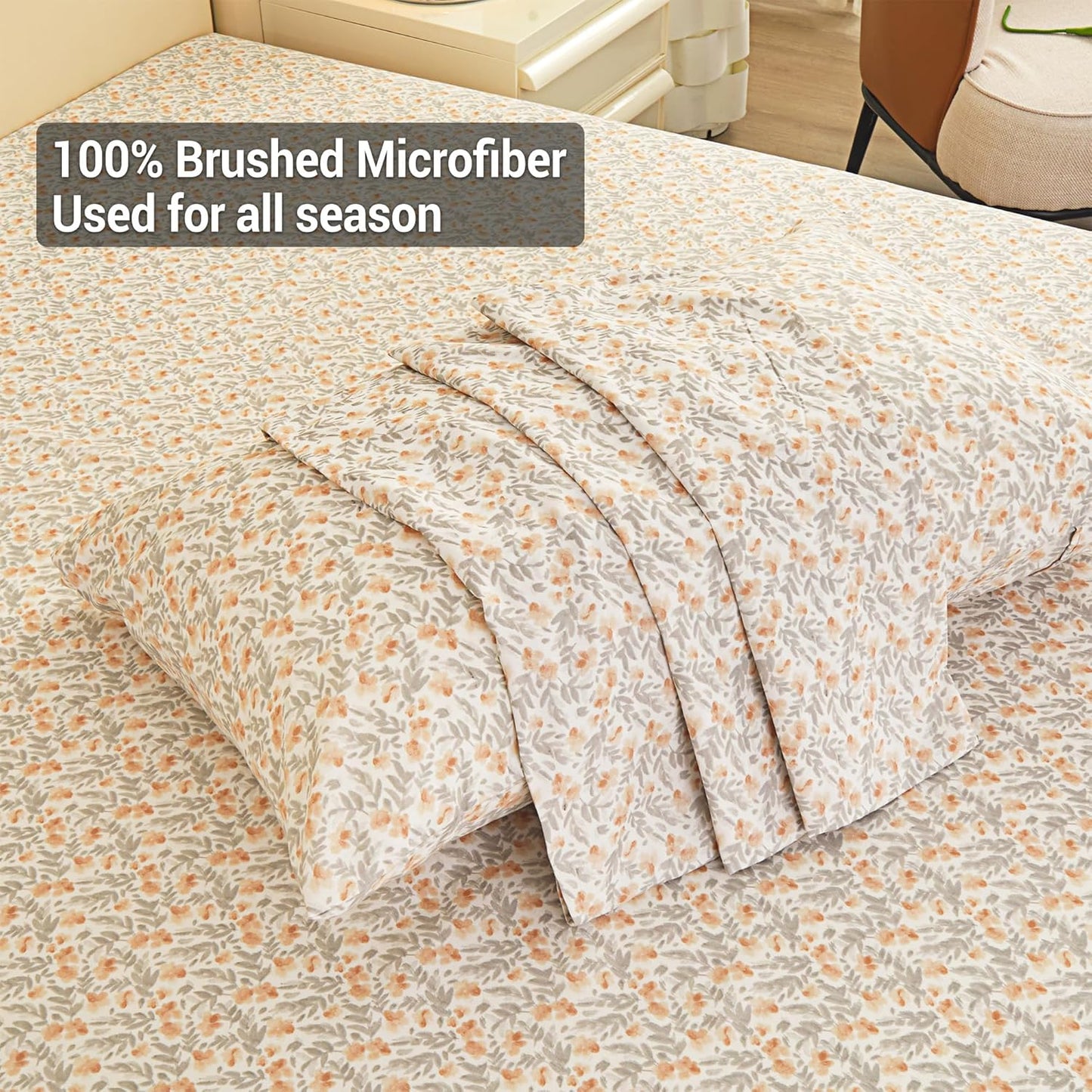 Viviland Floral Queen Sheet Set - 4 Piece Vintage Pink & Yellow Flower Patterned Bed Sheets - Soft, Breathable Microfiber Sheets with Deep Pocket, Non-Slip Fitted Sheets & Pillowcases