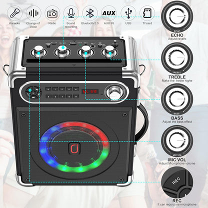 JYX Karaoke Machine with Two Wireless Microphones, Portable Bluetooth Speaker with Bass/Treble Adjustment, Remote Control and LED Lights, Supports TF Card/USB, AUX in, FM, REC for Party