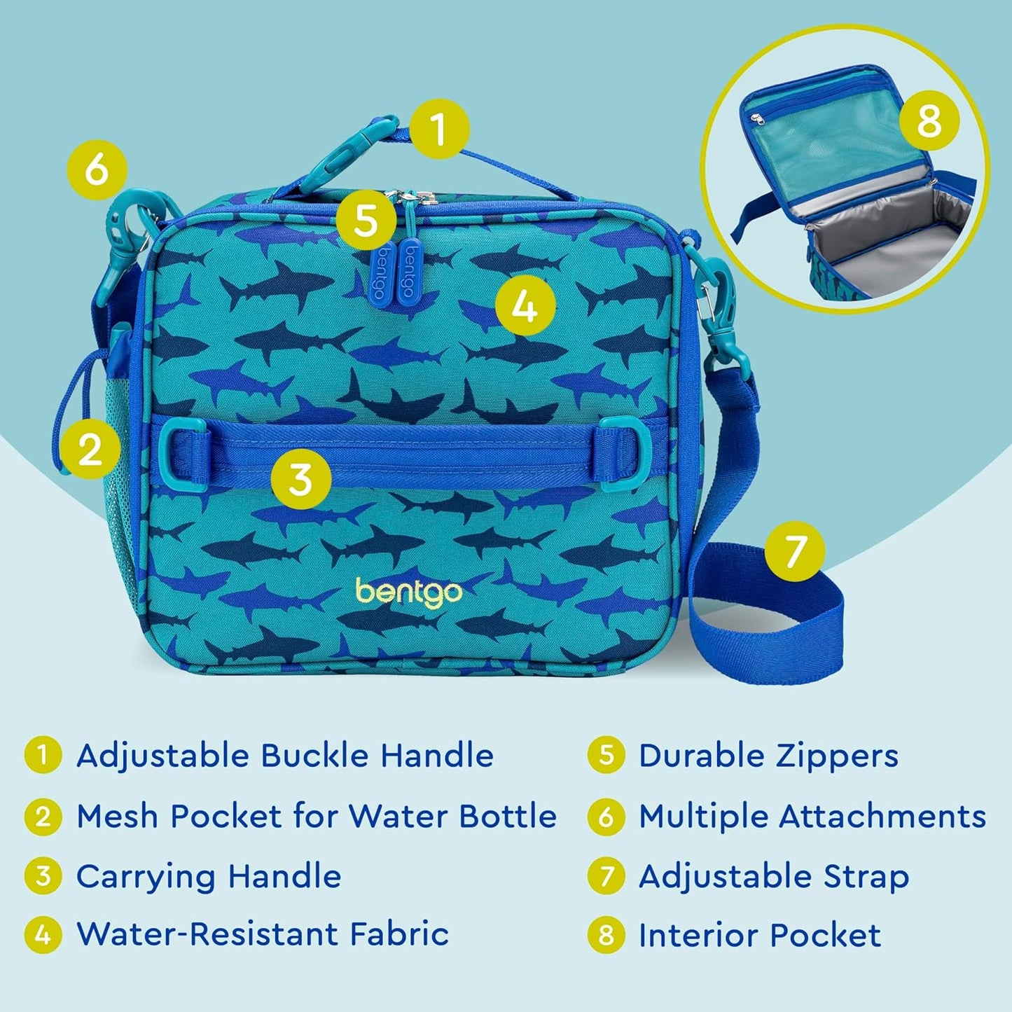 Bentgo® Kids Lunch Bag - Durable, Double Insulated, Water-Resistant Fabric, Interior & Exterior Zippered Pockets, Water Bottle Holder - Ideal for Children 3+ (Shark)