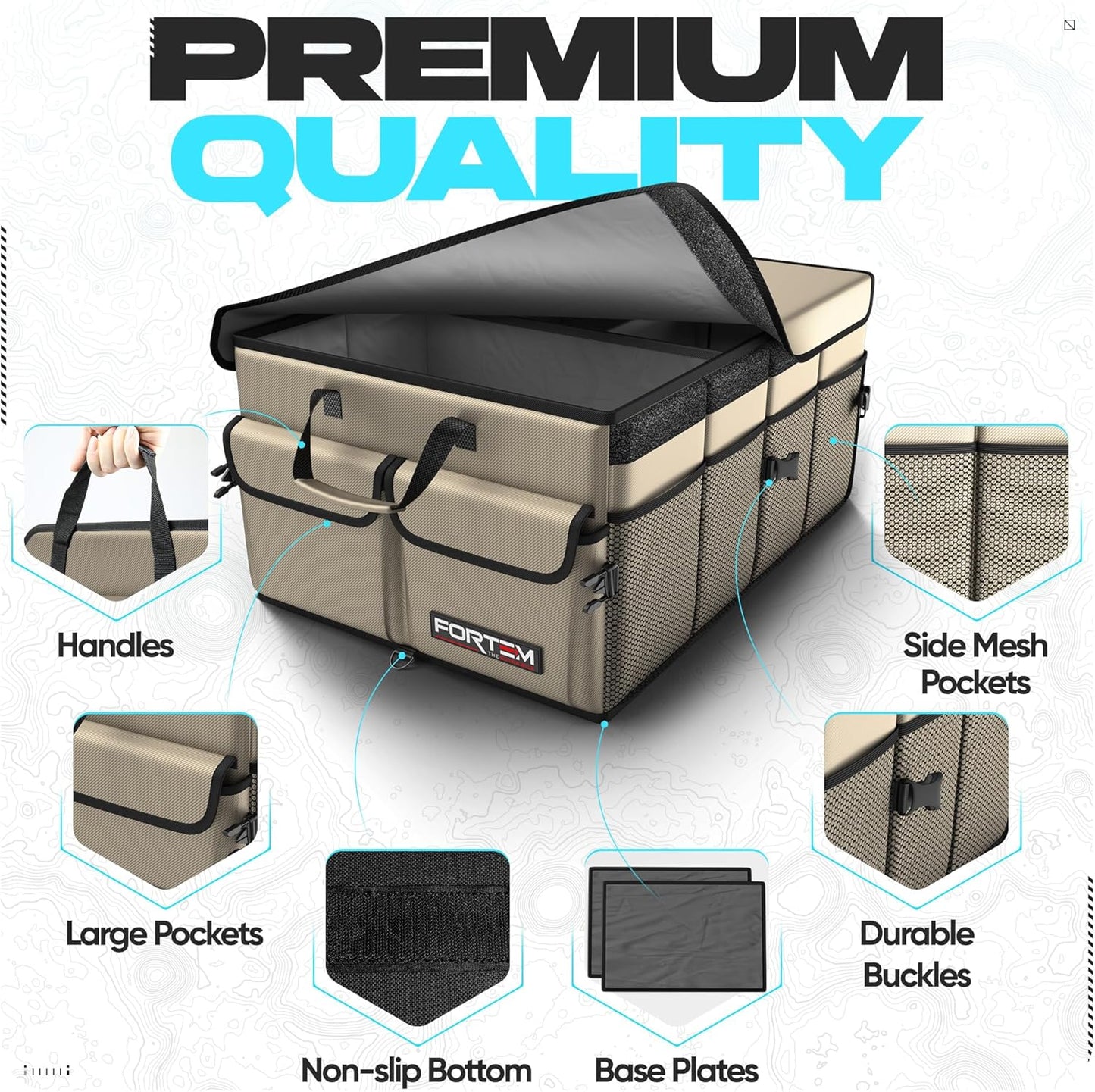 FORTEM Car Trunk Organizer, Collapsible Multi Compartment Car Organizer, Foldable SUV Storage for Car Accessories for Women Men, Non Slip Bottom, Securing Straps, Soft Cover 50L (Black, Standard)