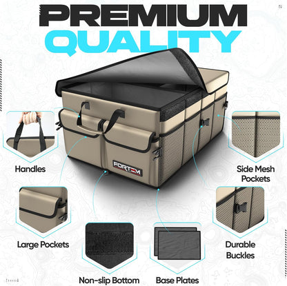 FORTEM Car Trunk Organizer, Collapsible Multi Compartment Car Organizer, Foldable SUV Storage for Car Accessories for Women Men, Non Slip Bottom, Securing Straps, Soft Cover 50L (Black, Standard)