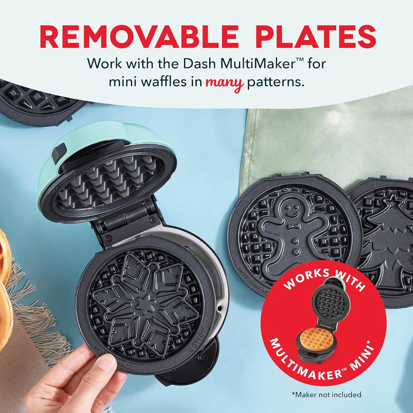 DASH Multimaker Mini System Two 4” Nonstick Removable Waffle Plates (Gingerbread & Snowflake) - 2Pc Plate Pack for Waffle Iron & Griddle, Compatible with Dash MultiMaker Mini System, Nonstick Surface