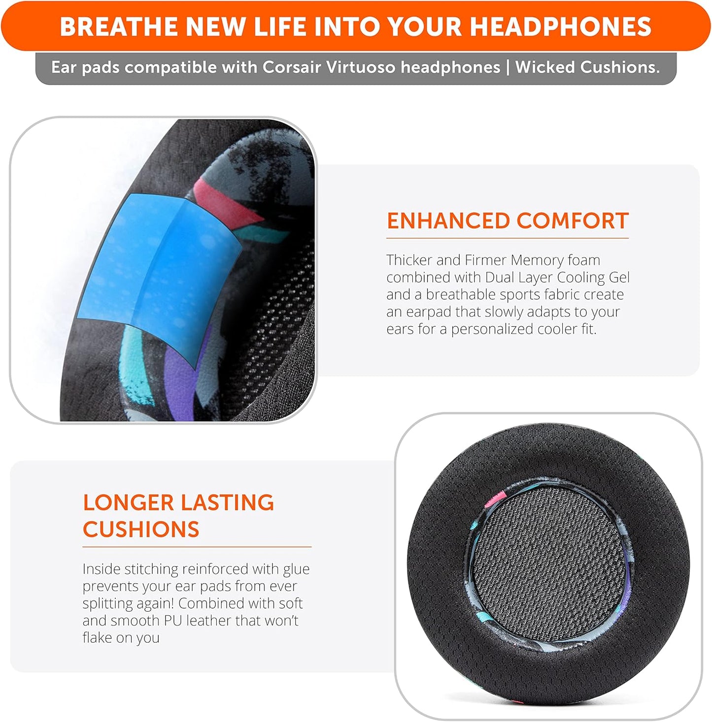 WC Freeze Virtuoso - Hybrid Fabric Cooling Gel Replacement Earpads for Corsair Virtuoso Gaming Headset, Made by Wicked Cushions, Improved Durability, Thickness and Sound Isolation | Cyan Prism