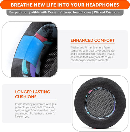 WC Freeze Virtuoso - Hybrid Fabric Cooling Gel Replacement Earpads for Corsair Virtuoso Gaming Headset, Made by Wicked Cushions, Improved Durability, Thickness and Sound Isolation | Black
