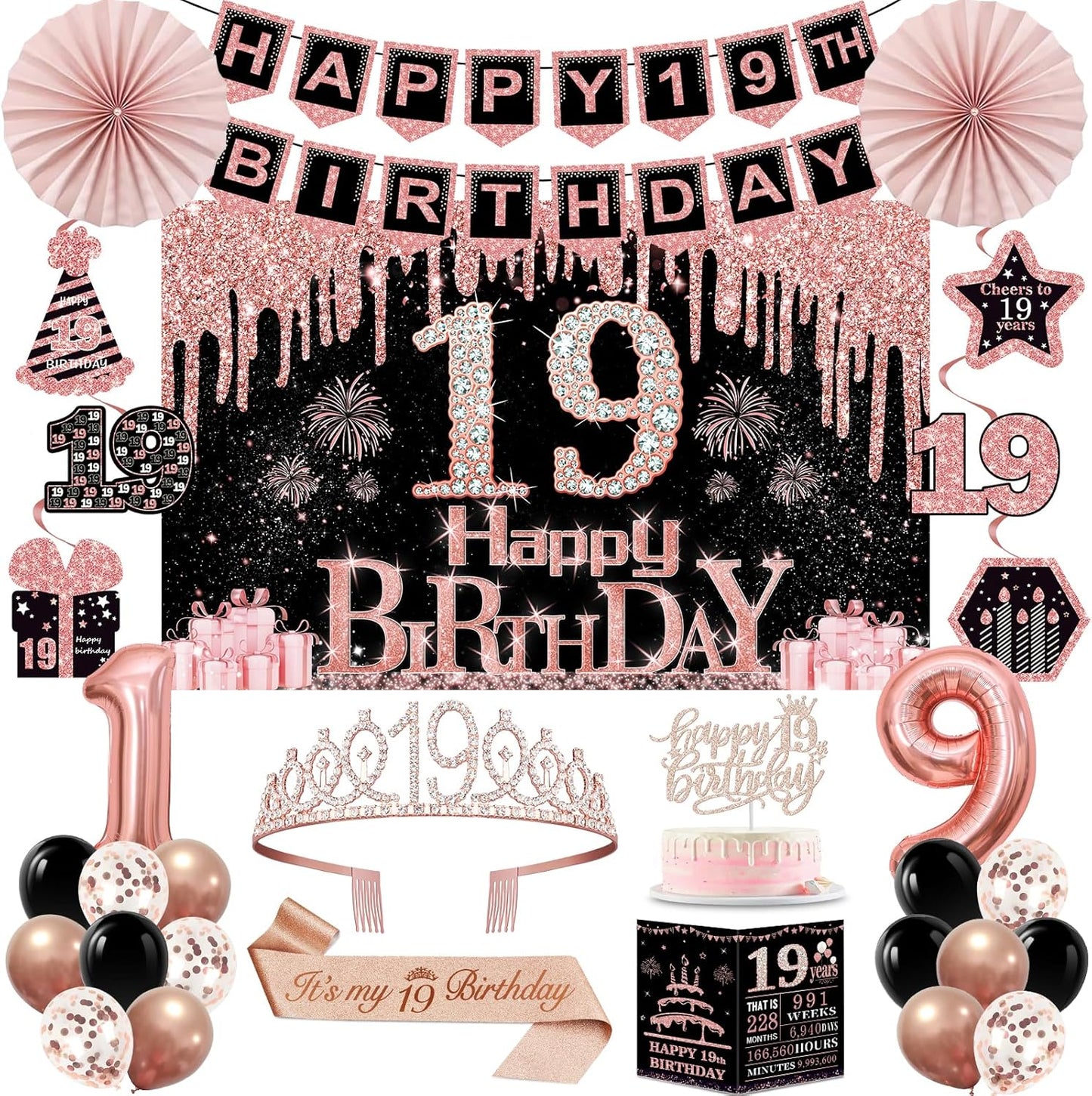 40th Birthday Decorations for Women,32pcs 40th Birthday Party Decorations,Including Backdrop, Crown,Sash,banner, Hanging Swirl,Cake Topper,balloons,Paper Fans,Anniversary Card and paper fans