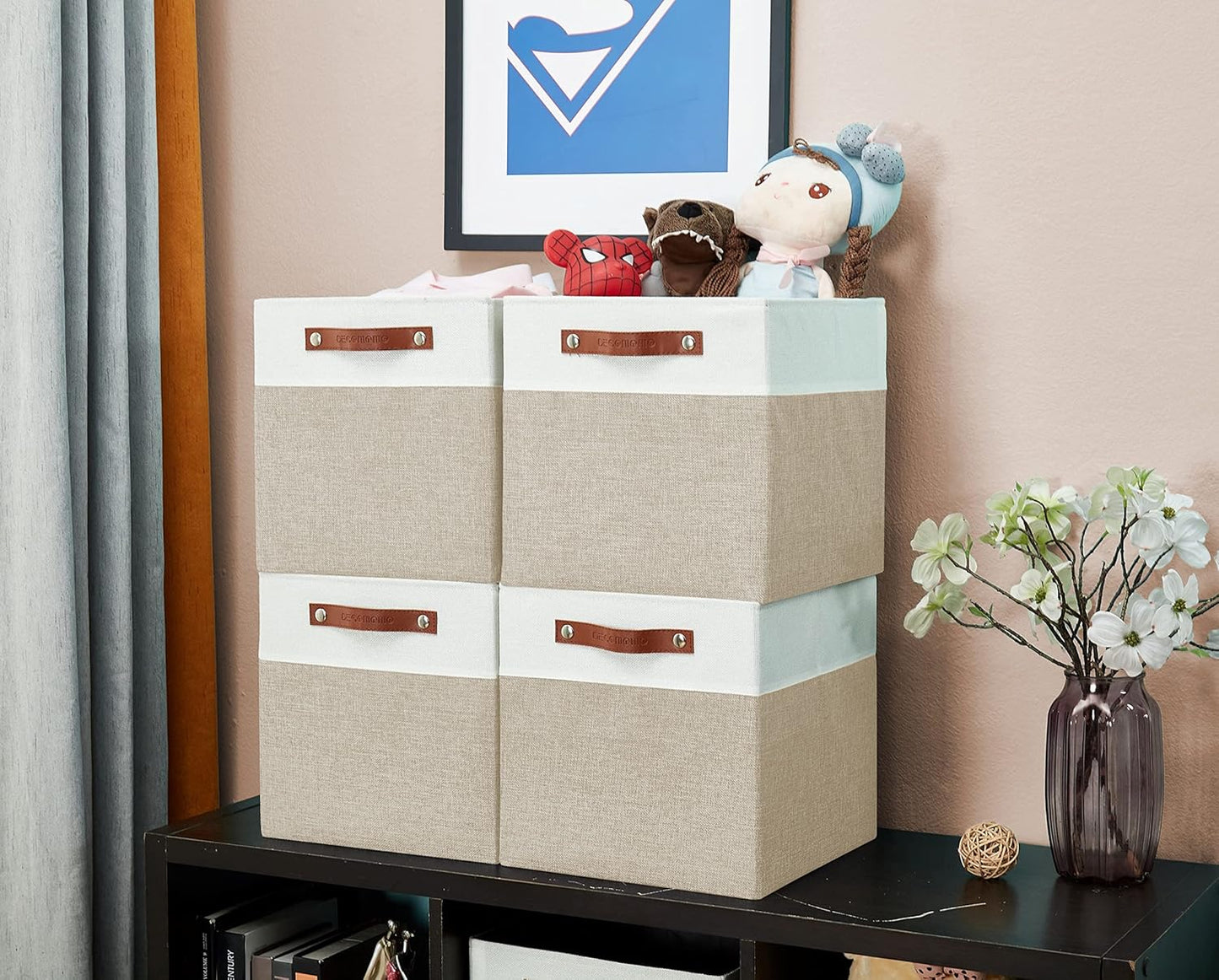 DECOMOMO Fabric Cube Storage Bin - Storage Baskets for Shelves, Kallax (Grey & White, 13 inch Cube) - 4 Pack