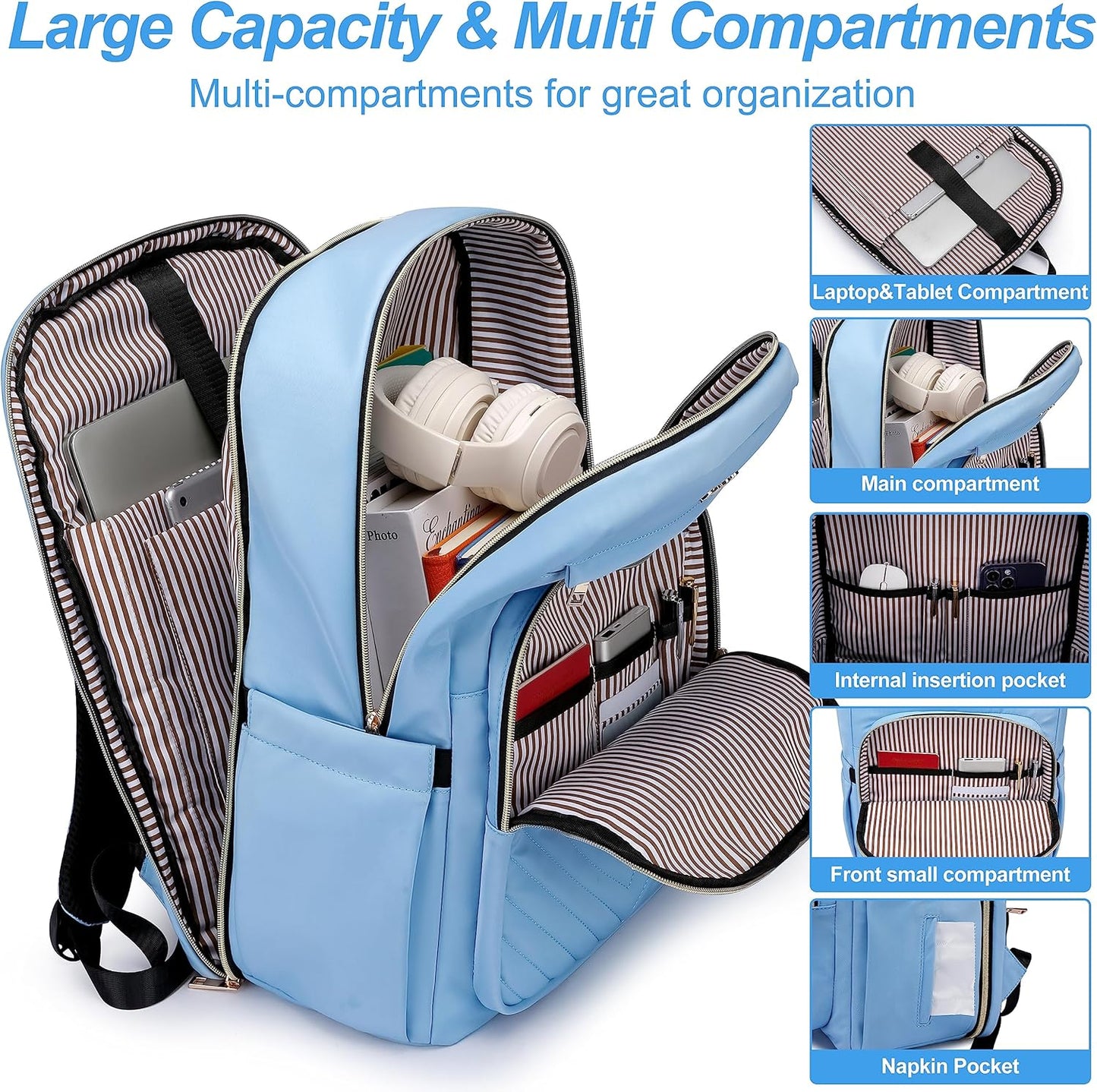 Laptop Backpack for Women Men, Water Resistant Travel Work Backpacks Purse Stylish College Business Teacher Nurse Computer Bag, Fits 17.3" Laptop Light Blue